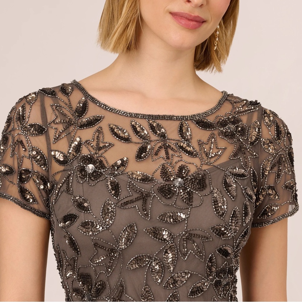 Adrianna Papell Taupe Charcoal Beaded Gown Size 0 NWT Formal MOB MOG GALA Dress - Picture 3 of 10